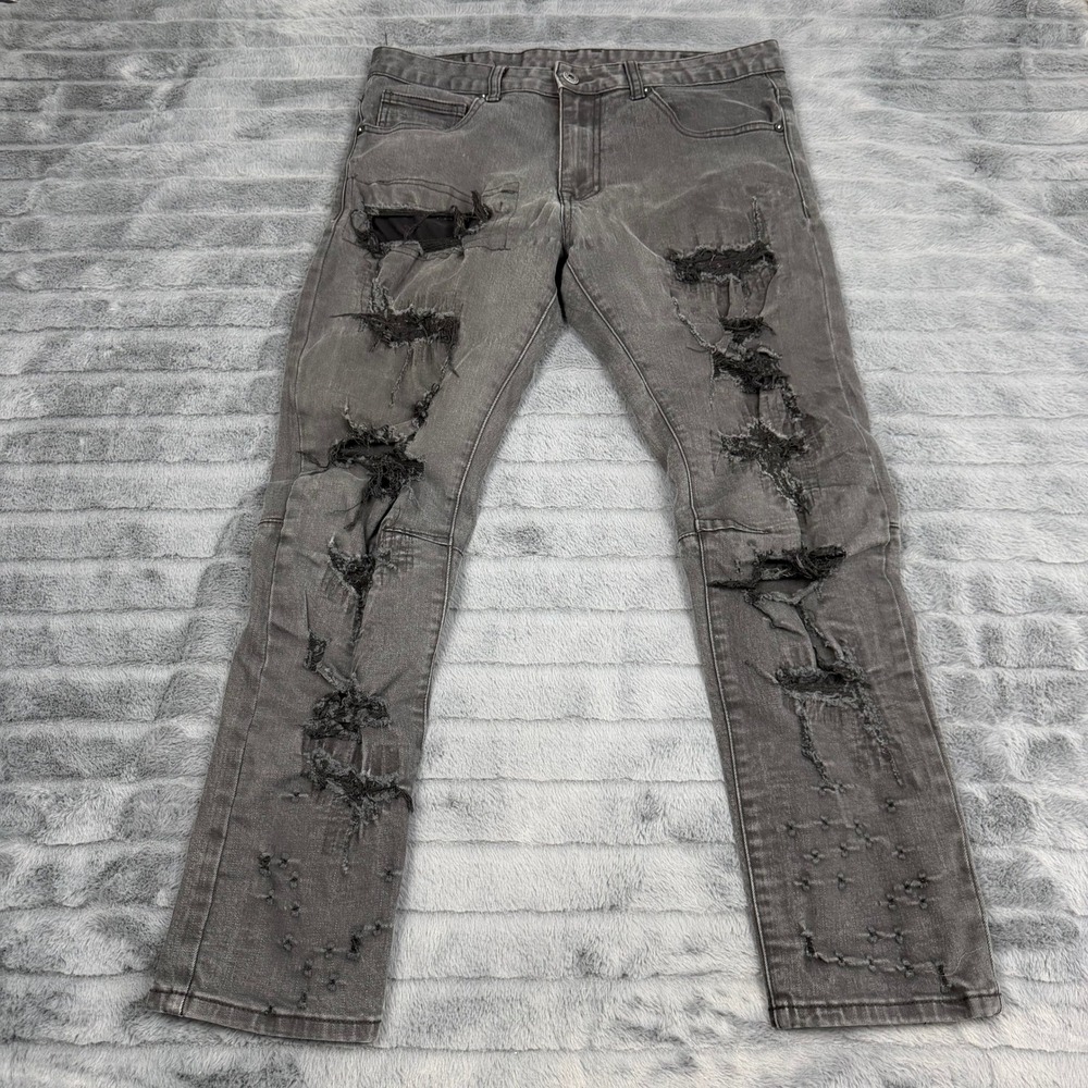 Smoke Rise Mens Distressed Grey Slim Fit Jeans Ripped Streetwear 34 x 30